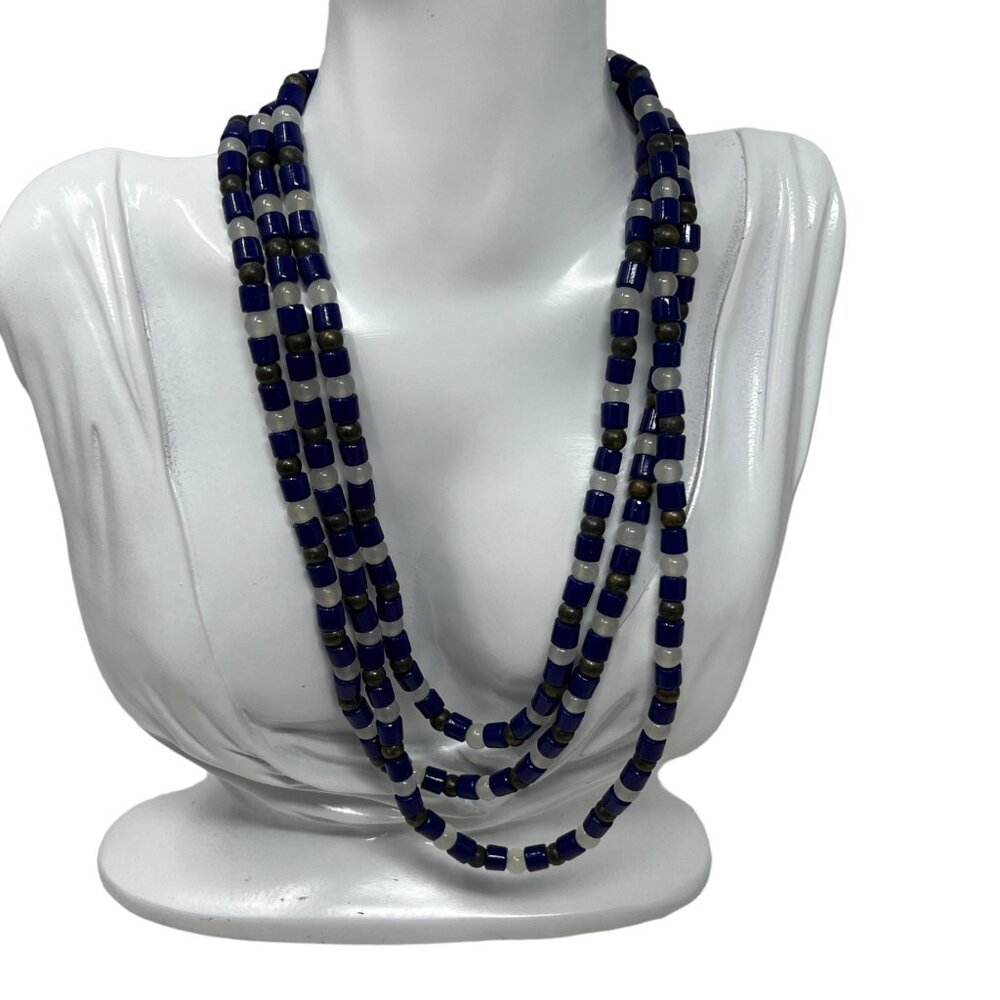 Glass‎ Beaded Necklace Blue White Gray Round Tube Long 54 inches